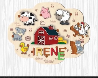 Personalisiertes Holzspiel mit Namen auf dem Bauernhof Puzzle, Laser Cut Holzspiel (Digitale Datei)
