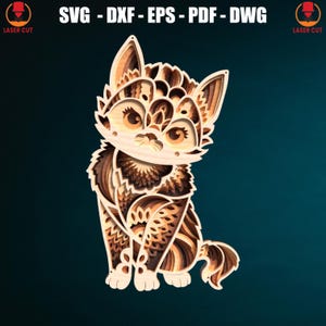 3D Cat Mandala SVG Laser Cut File, Multilayer Cute Kitten Design Plywood Home Decor Wall Art, 3D Mandala Svg Layer Cut, Multilayered Kitten