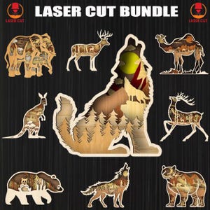 Forest Animals 3D Layered Laser Cut Bundle, Wolf Bear Deer Camel Kangaroo SVG For Cricut, 3D Animals Multilayer Wooden Engraved Laser Cut