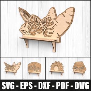 Wall Shelf Bundle Laser Cut, 3D Decorative Shelves Laser Cut, Floral Wall Bookshelf Home Decor, 3D Wooden Corner Shelf Laser Cut