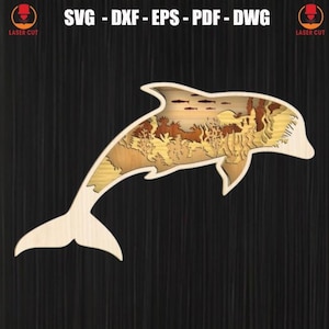 Dolphin Sea landscape Multilayer Svg, Dolphin For Wood Mandala Laser Cut, Multilayer Dolphin And The Ocean Laser Cut, 3D Plywood Mandala Svg