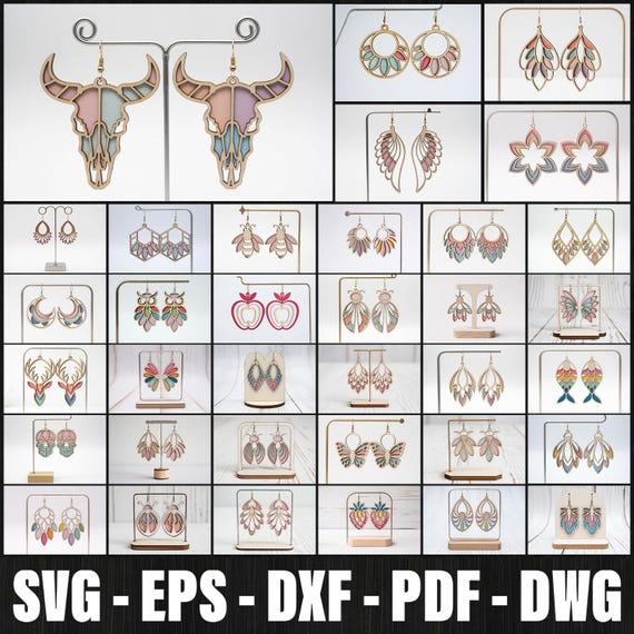 Laser Cut Boho Earrings Mega Bundle, Floral Mandala Earring SVG, Summer Jewelry Design Files, Faux Leather Dangle Earrings Svg Laser Cut