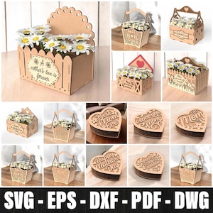 Mother&#39;s Day Flower Holder Laser Cut Bundle, Mother’s Day Heart Gift Box Laser Cut SVG Bundle, Mothers 3D Laser Cut, Mother’s Day Gift