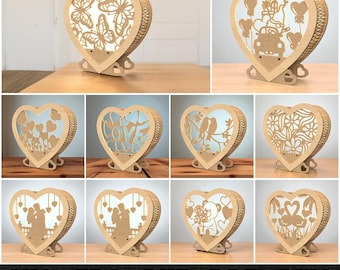 Valentine Heart Lantern Svg Bundle Laser Cut, Love Heart Laser Cut Files Lamp, Valentine Candle Holder Lasercut Lighting, Heart Shadow Box