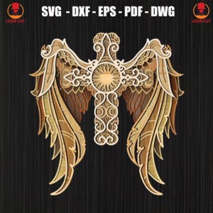 3D-Flügel Kreuz Multilayer Laser Cut, 3D-Schichted Mandala-Querschnitt, Kompliziertes Multilayer-Holzkreuz und Flügel geschnitten, Engelsflügel Mandala
