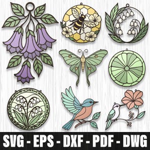Nature Suncatcher Svg Bundle Laser Cut, Floral Bird Butterfly Honeybee Wall Hanging Svg, Spring Garden Decor Glowforge, Floral Danging Decor