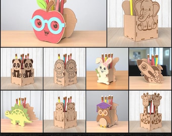 3D Wooden Kids Pencil Holder Bundle, Cute Animal Pencil Stand Laser Cut, Storage Box Svg, Kids Room Decor, 3D School Pencil Holder Stand Svg