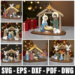 Op de afbeelding: Een verzameling houten kerststal-uitsparingen, met Maria, Jozef, het kindje Jezus, engelen en dieren. De scènes spelen zich af in een stal met een ster erbovenop. De tekst onderaan de afbeelding luidt: SVG - EPS - DXF - PDF - DWG.