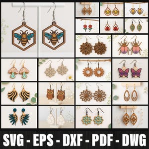 May include: A collection of wooden earrings in various designs, including bees in hexagonal frames, flowers, mushrooms, butterflies, and abstract shapes. The earrings are in shades of brown, teal, and pink, with silver hooks. The bottom of the image displays the text: SVG - EPS - DXF - PDF - DWG.