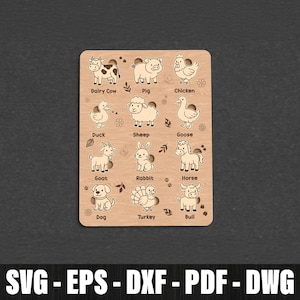 Farm Animals Puzzle for Kids Laser Cut, children Animal Puzzle 3D Laser Cut, 3D Montessori Wooden Puzzle, Farmhouse Animal Toy Svg Laser Cut