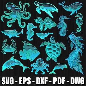 Sea Animal Multilayer Svg Bundle Laser Cut, Marine Animals Wall Art Decor Cutting, Ocean Animals Multilayer 3D Wooden Engraved Laser Cut