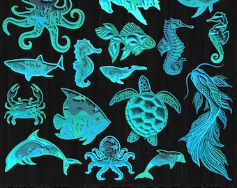 Sea Animal Multilayer Svg Bundle Laser Cut, Marine Animals Wall Art Decor Cutting, Ocean Animals Multilayer 3D Wooden Engraved Laser Cut