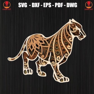 Tiger Multilayer Laser Cut File, Wooden Tiger Svg Cutting File, Wild Animal Svg Decor Plywood Cut, Jungle Mountain Animal Svg Laser Cut