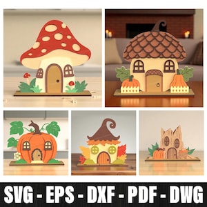 Fall Fairy House Laser cut SVG Bundle, Pumpkin House Svg, Acorn House Svg, Halloween Gnome Home Svg, Autumn Mini House Svg, 3D Layered Svg