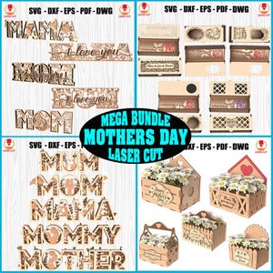 Paquete SVG cortado con láser para el Día de la Madre, Caja de flores para el Día de la Madre (Svg), Letrero cortado con láser para el Día de la Madre (Svg), Regalo láser para el Día de la Madre, Cajas 3D para regalo de madre