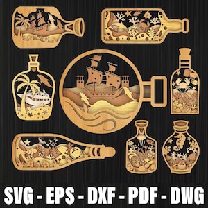 Puede incluir: Una colección de recortes de madera con temática náutica, que incluyen barcos, vida marina y formas de botella. Los diseños presentan detalles en capas y se presentan en varios tamaños y estilos. La parte inferior de la imagen muestra el texto "SVG - EPS - DXF - PDF - DWG".