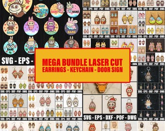Labubu Laser Cut Mega Bundle, Cute Monster Earrings Laser Cut, Funny Labubu Door Sign Svg, Cute Labubu Monster Keychain Multilayer Svg Cut