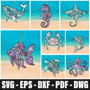 May include: A collection of stained glass-style sea creatures, including a whale, seahorse, stingray, fish, crab, dolphin, turtle, and octopus. Each piece is outlined in black and features intricate patterns and vibrant colors. The background shows a beach scene with blue water and sand.