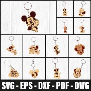 May include: Wooden keychains featuring various Disney characters, including Mickey Mouse, Minnie Mouse, and others. Each keychain is laser-cut with intricate details and attached to a metal ring. The keychains are made of light-colored wood with dark brown accents.