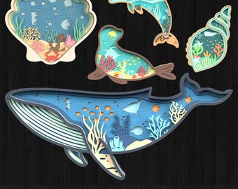 3D Ocean World Laser Cut Svg Bundle, Beach Shelf SVG Laser Cut File, Coastal wall Decor Digital,  Nautical Ocean Shelf Glowforge Cricut File