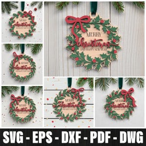 May include: Wooden Christmas ornament featuring a green wreath design, a red bow, and the words "Merry Christmas and Happy New Year." The ornament is hung by a green ribbon. The design includes red berries and green leaves.