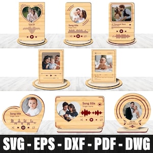 May include: A collection of wooden photo frames with a music theme. Each frame displays a photo, song title, and singer's name, accompanied by a music waveform and playback controls. The frames are available in rectangular, heart, and circular shapes.