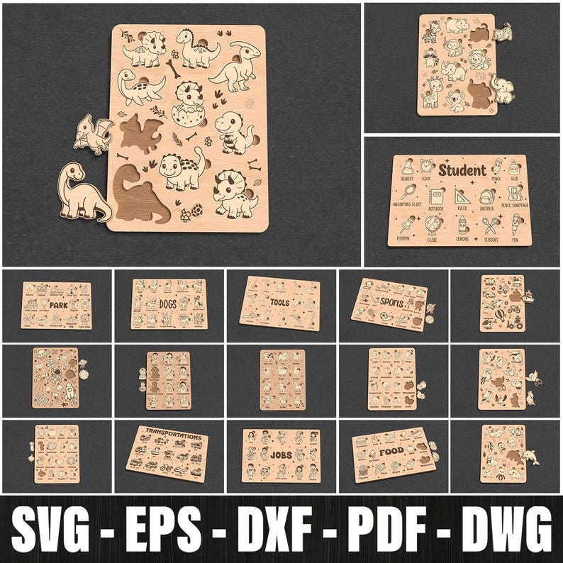 Op de afbeelding: Houten puzzels met verschillende thema's, waaronder dinosaurussen, dieren, sport en banen. De dinosauruspuzzel toont verschillende dinosaurusvormen. Andere puzzels bevatten de woorden "Student", "Tools", "Dogs", "Park", "Transportation", "Jobs" en "Food".