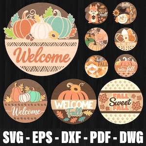 秋の丸型サインSVGバンドル レーザーカット、秋のウェルカムサイン パンプキン ドアハンガーSVG、こんにちは秋のドアハンガーSVG、秋のポーチドアサイン レーザーカット
