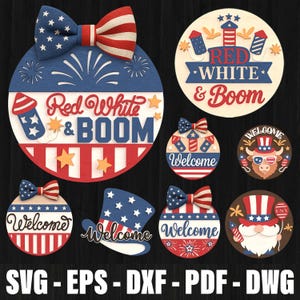Patriotic Round Sign Svg Bundle Laser Cut, 4th of July Door Hanger Laser Cut Files, Independence Day Decor Laser Cut, Fireworks Welcome Sign