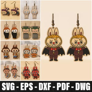Halloween Labubu Earrings Bundle Svg Laser Cut, Kawaii Dracula Mummy Witch Devil Earrings Svg, Horror Bunny Earring, Spooky Cute Earring Svg