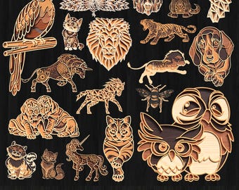 3D Animal Multilayer Bundle Laser Cut, Animals Multilayer Wooden Engraved Laser Cut File, Safari Laser Cut Lion Plywood Decoration Svg