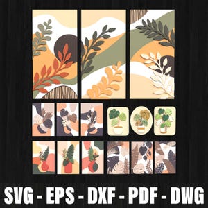 Puede incluir: Una colección de arte mural con temática botánica en varios tamaños y formas. La obra de arte presenta recortes de papel en capas de hojas y plantas en tonos naranja, verde y marrón. La parte inferior de la imagen muestra el texto "SVG - EPS - DXF - PDF - DWG."