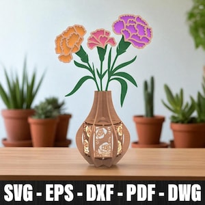 Carnation Vase Laser Cut Design, Wood Flowers Laser Cut, Wood Vase Svg Laser, Vase and Birth Month Flowers SVG Laser Cut Files, Gift For Mom