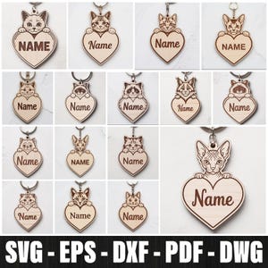 May include: Wooden keychains featuring various cat and raccoon designs holding heart-shaped name tags. Each keychain has a silver-colored ring. The word "Name" is engraved on the heart. The bottom of the image has the text "SVG - EPS - DXF - PDF - DWG".