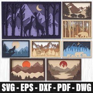Pacote de arte de parede em camadas inspirada na natureza, corte SVG, corte a laser em camadas de montanha com vida selvagem, design de floresta em camadas para pendurar na parede com corte a laser