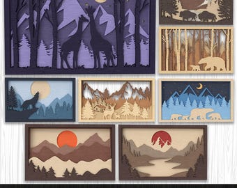 Nature-Inspired Layered Wall Art Bundle Svg Cutting, Wildlife Mountain Layered Laser Cut, Layered Forest Design For Lasercut Wall Hanging
