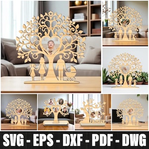 Peut inclure: Cadre photo en bois en forme d'arbre généalogique avec une découpe en forme de cœur pour une photo. Le design de l'arbre comprend une silhouette de famille et une poussette. Le cadre est en bois clair.