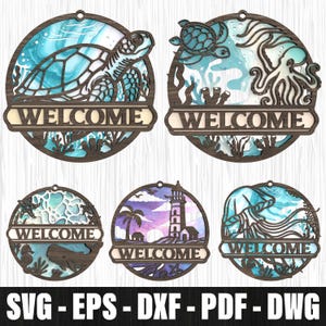 Ocean Welcome Sign Bundle Svg Laser Cut, Nautical Laser Cut Sign Files, Beach House Welcome Sign Decor, Sea Life Beach Door Hanger Svg Files