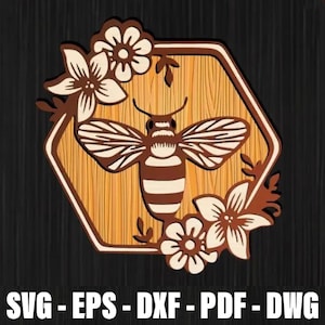 Bee Flowers Laser Cut File, 3D Honey Bee Mandala Svg, Wooden Bee Wall Art Hanger Svg, Wooden Honey Bee Hanger Laser Cut, Floral Honeycomb