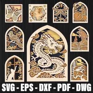 Może przedstawiać: Kolekcja wycinanych laserowo drewnianych dzieł sztuki z różnymi wzorami, w tym motylem, ważką, lisem, ptakiem, smokiem, delfinem, kotem i orłem. Tekst "SVG - EPS - DXF - PDF - DWG" jest wyświetlany na dole obrazu.