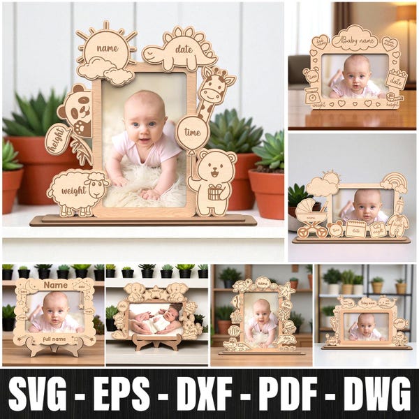Personalized Baby Photo Frame Bundle Svg Laser Cut, Birth Announcement Frame Laser Cut, Newborn Engraved Picture Frame, New Baby Gift