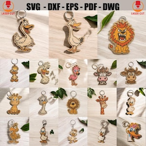 Paquete de llaveros de animales lindos cortados con láser en formato SVG. Animales de la jungla de granja de dibujos animados cortados con láser. Regalo para amantes de los animales cortado con láser. Llavero grabado cortado con láser.