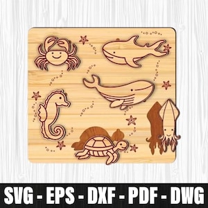 Sea Creatures Puzzle Laser Cut, Marine Animals Wooden Puzzle Game Laser Cut, Ocean Animal Toy Laser Cut, Educational Kids Sea Creatures Svg