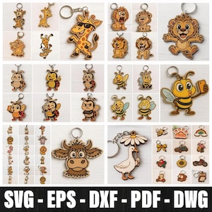 May include: A collection of wooden keyrings with animal designs, such as giraffes, lions, bees, and a cow. Each keyring has a silver ring for attachment. The keyrings are made of light-coloured wood with detailed illustrations and are suitable for personal use.