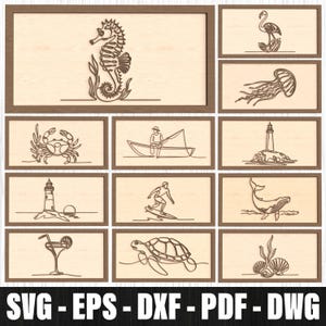 Puede incluir: Un conjunto de paneles de arte mural de madera con diseños temáticos del océano. Cada panel tiene un marco marrón y un fondo de madera clara. Los diseños incluyen un caballito de mar, un flamenco, una medusa, un cangrejo, un pescador, un faro, un surfista, una ballena, un cóctel, una tortuga y conchas marinas.