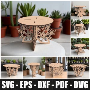 Puede incluir: Un soporte para plantas de madera cortada con láser, con una parte superior redonda y recortes florales decorativos. El soporte es de madera clara y tiene un diámetro de aproximadamente 20 cm. Diseñado para sostener pequeñas plantas o elementos decorativos.