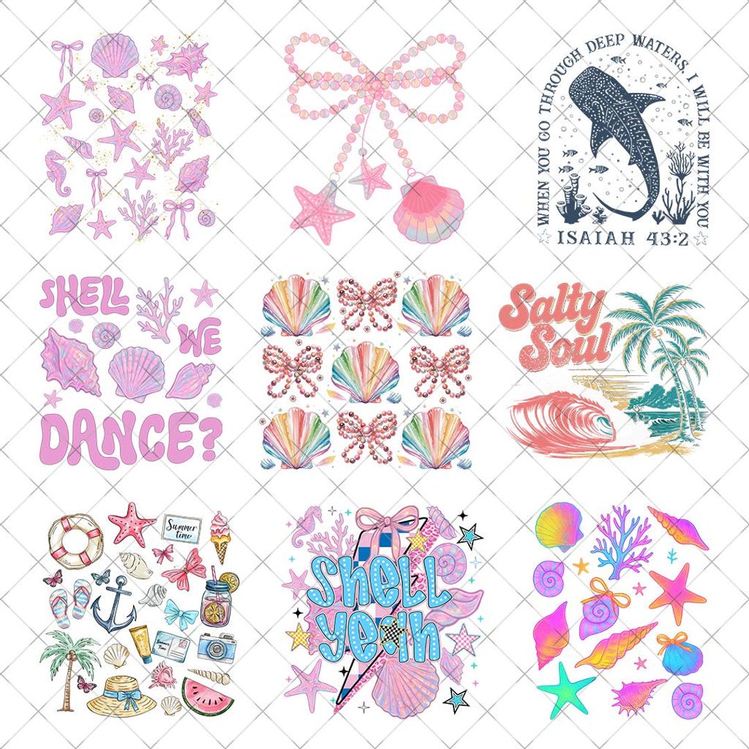 Coquette Clam Pearl Bow Png Bundle, Coastal Seashell Starfish PNG, Clam ...