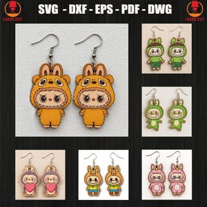 Labubu Cartoon Kolczyki Cięte Laserowo Svg Bundle, Labubu Monster Kolczyki Cięte Laserowo, Słodkie Kolczyki Z Kreskówek Cięcie, Kolczyki DIY Cięte Laserowo Plik