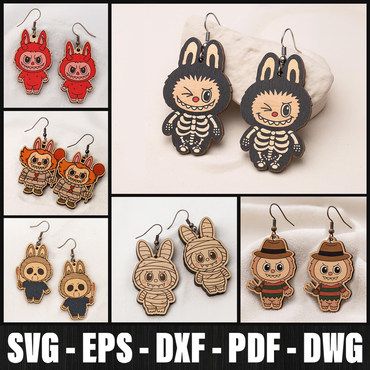 Labubu Halloween Earrings Bundle Svg Laser Cut, Spooky Earrings Svg, Monster Bunny Svg Laser Cut, Ghost Labubu Earrings Cut, Monster Bunny