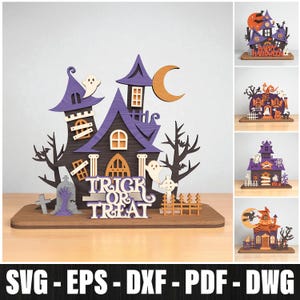 Pacchetto di case infestate di Halloween in legno tagliate al laser, lanterne 3D tagliate al laser per case infestate di Halloween, SVG a strati per case infestate, download digitale